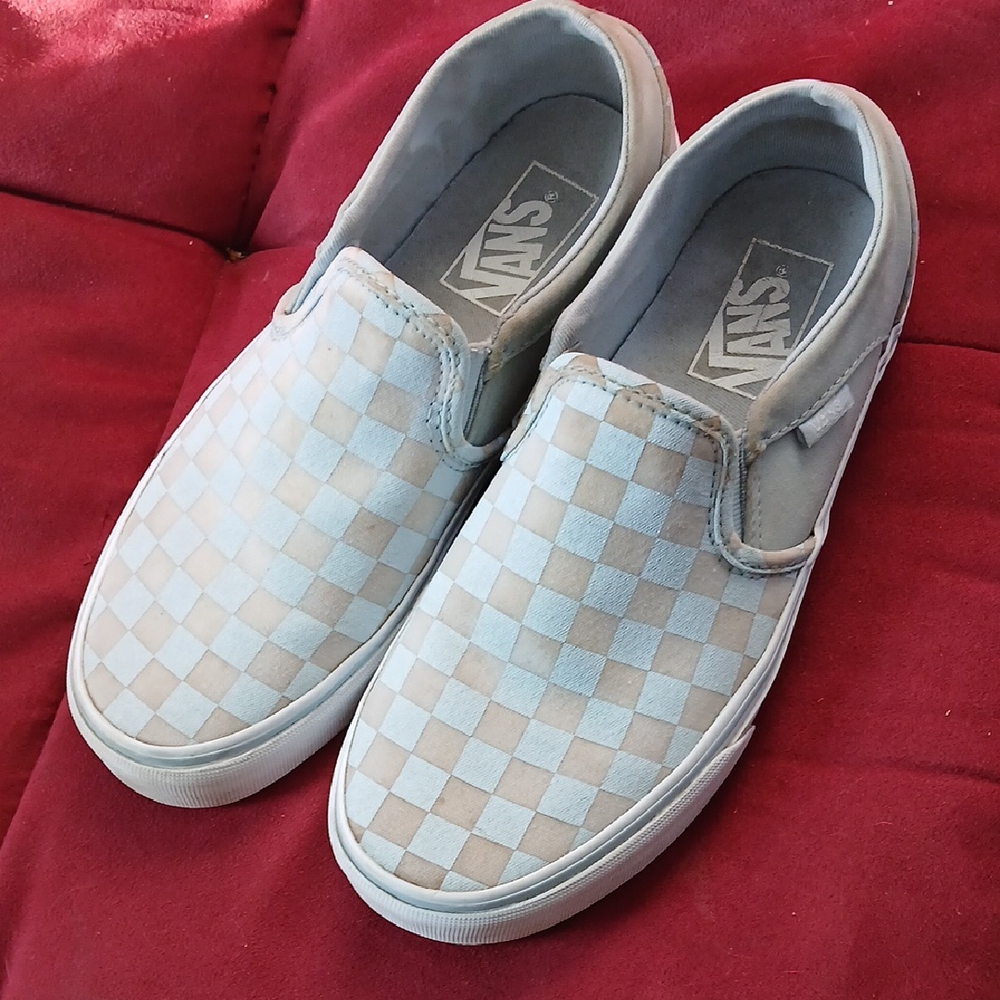 Vans Baby Blue and White Checkered Slip-Ons Size 8